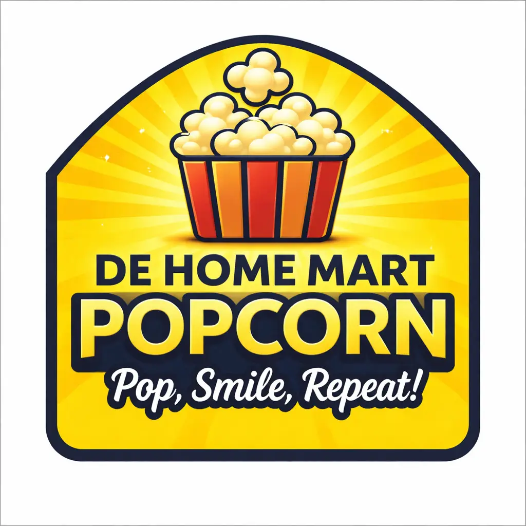 De Home Mart Popcorn logo with popcorn bucket and Pop Smile Repeat slogan!